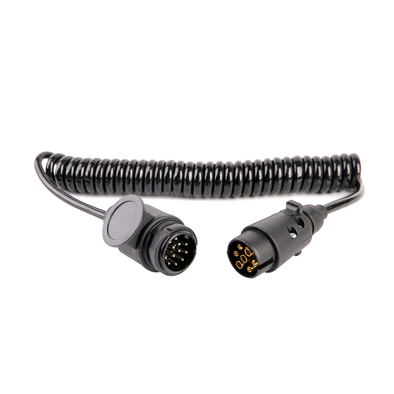 7 polet sort PU spiralspole, 2 stik JH003, JH008, kabellængde 1m,2m,3m.....JH020-C
